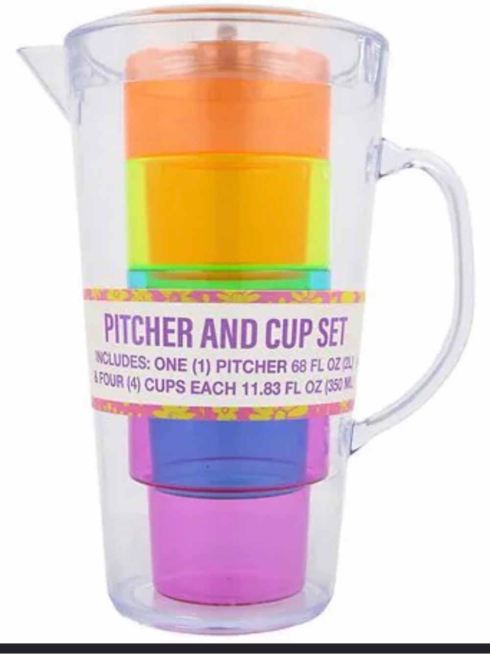 Stackable Cup Pitcher Set with Pink, Blue, Orange, Yellow Cups